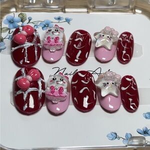 Cute Red and Pink Cat Nail Art Set
